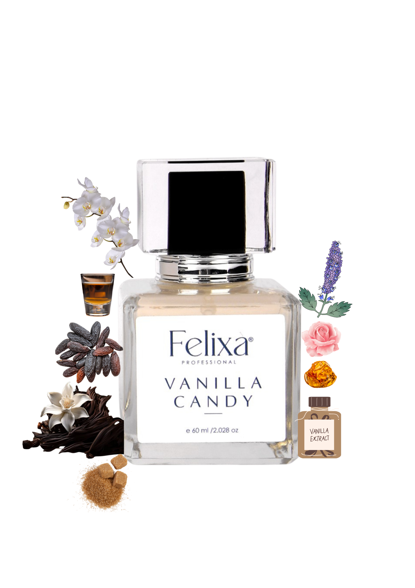 Felixa Professional Vanilla Candy Eau de Parfum, 60ml | Sweet and Invigorating Fragrance with Madagascan Vanilla Orchid & Jasmine | Long-Lasting Oriental Scent with Amber, Musk & Patchouli | Perfect Gift for Him & Her