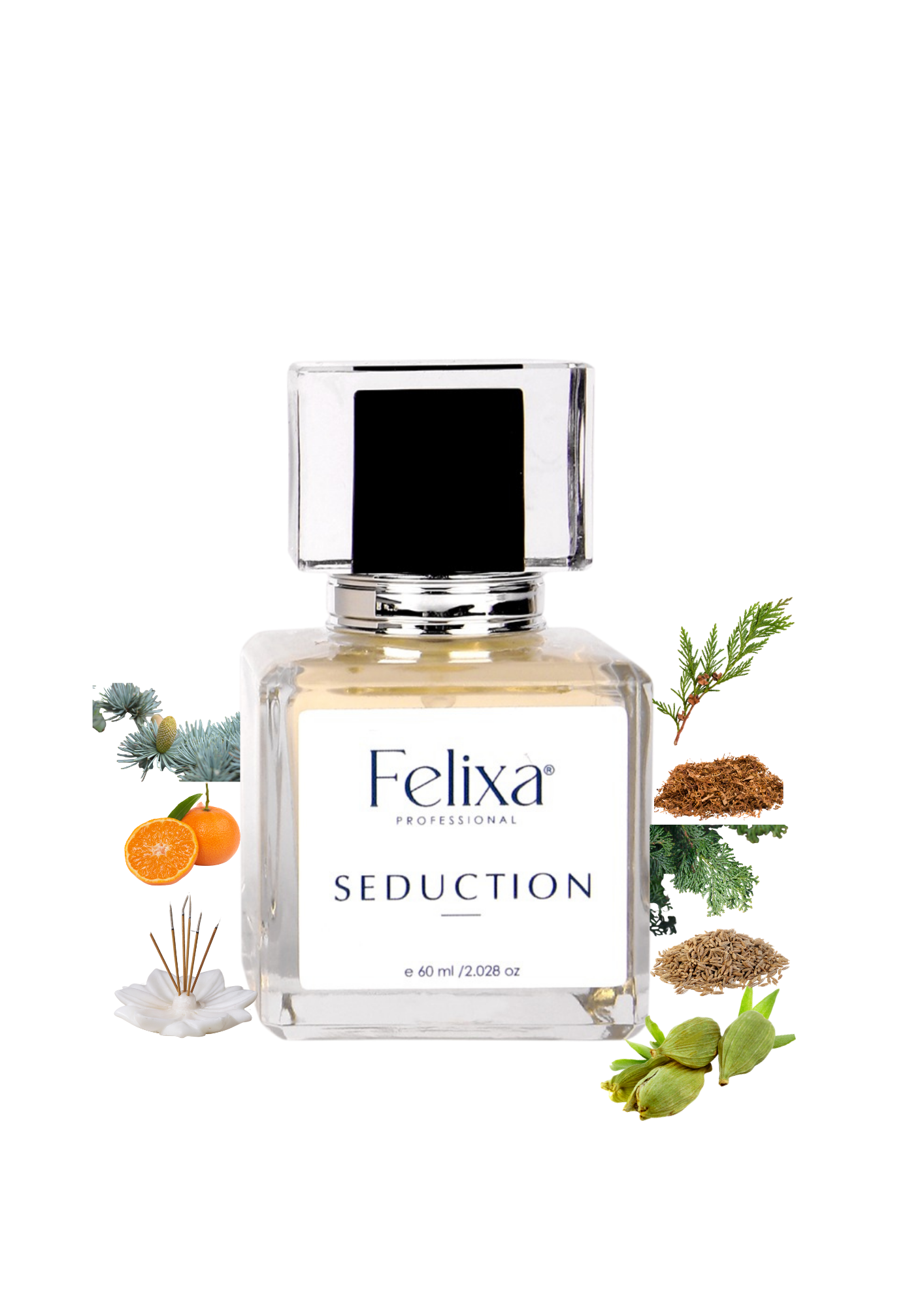 Felixa Professional Seduction Eau de Parfum, 60ml | Intense Woody Fragrance with Cardamom, Lavender & Amber Wood | Long-Lasting Perfume for All-Day Freshness | Perfect Gift for Him & Her | Ideal for Romantic Evenings