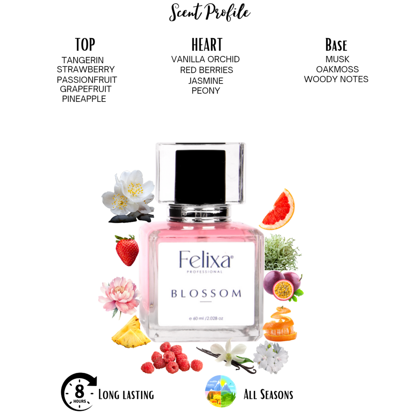 Felixa Professional Blossom Fragrance Eau de Parfum, 60ml | Floral & Fruity Unisex Scent with Jasmine, Rose & Citrus Notes | Long-Lasting Perfume for Everyday Wear | Perfect Gift for Her | Ideal for Any Occasion