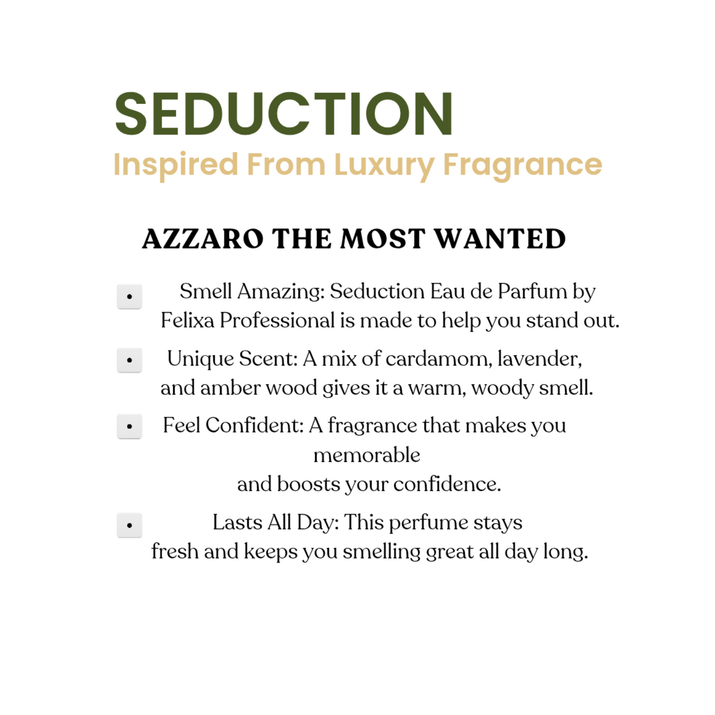 Felixa Professional Seduction Eau de Parfum, 60ml | Intense Woody Fragrance with Cardamom, Lavender & Amber Wood | Long-Lasting Perfume for All-Day Freshness | Perfect Gift for Him & Her | Ideal for Romantic Evenings