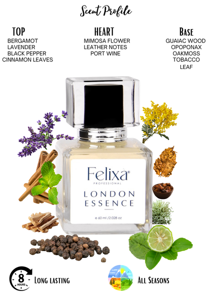 Felixa Professional London Essence Eau de Parfum, 60ml | Unisex Fragrance with Oakmoss, Wine & Leather | Long-Lasting Perfume for Everyday Elegance | Perfect Gift for Him & Her | Ideal for Any Occasion